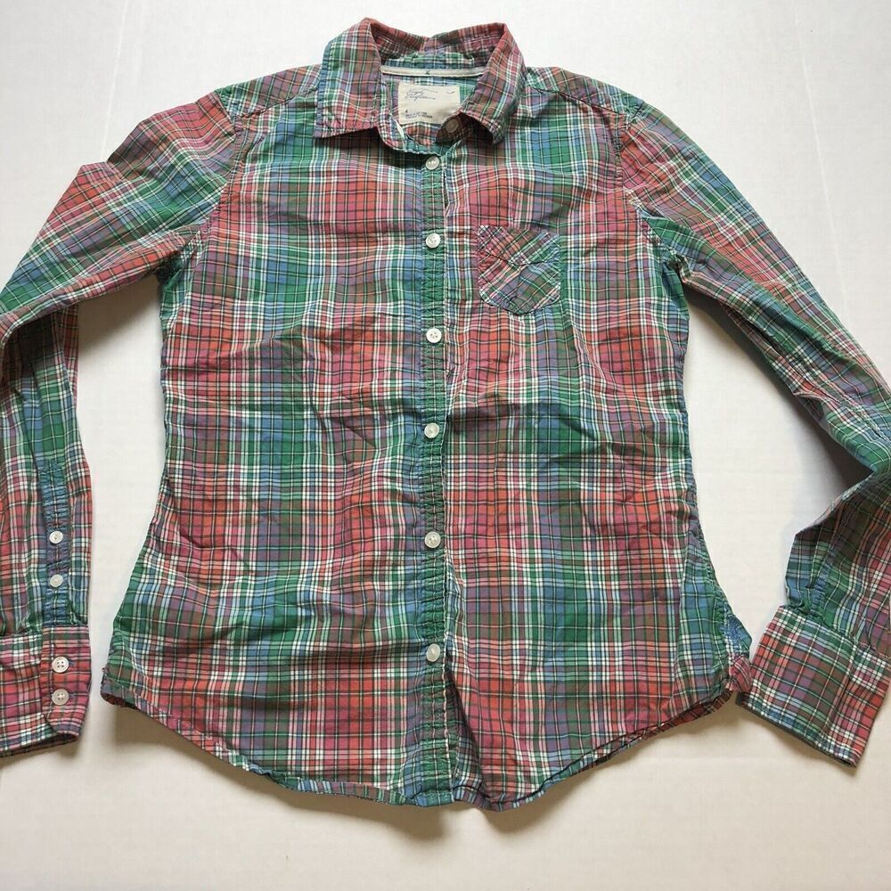 American Eagle Sz 4 Red Green Blue Plaid Button Up Top A1744